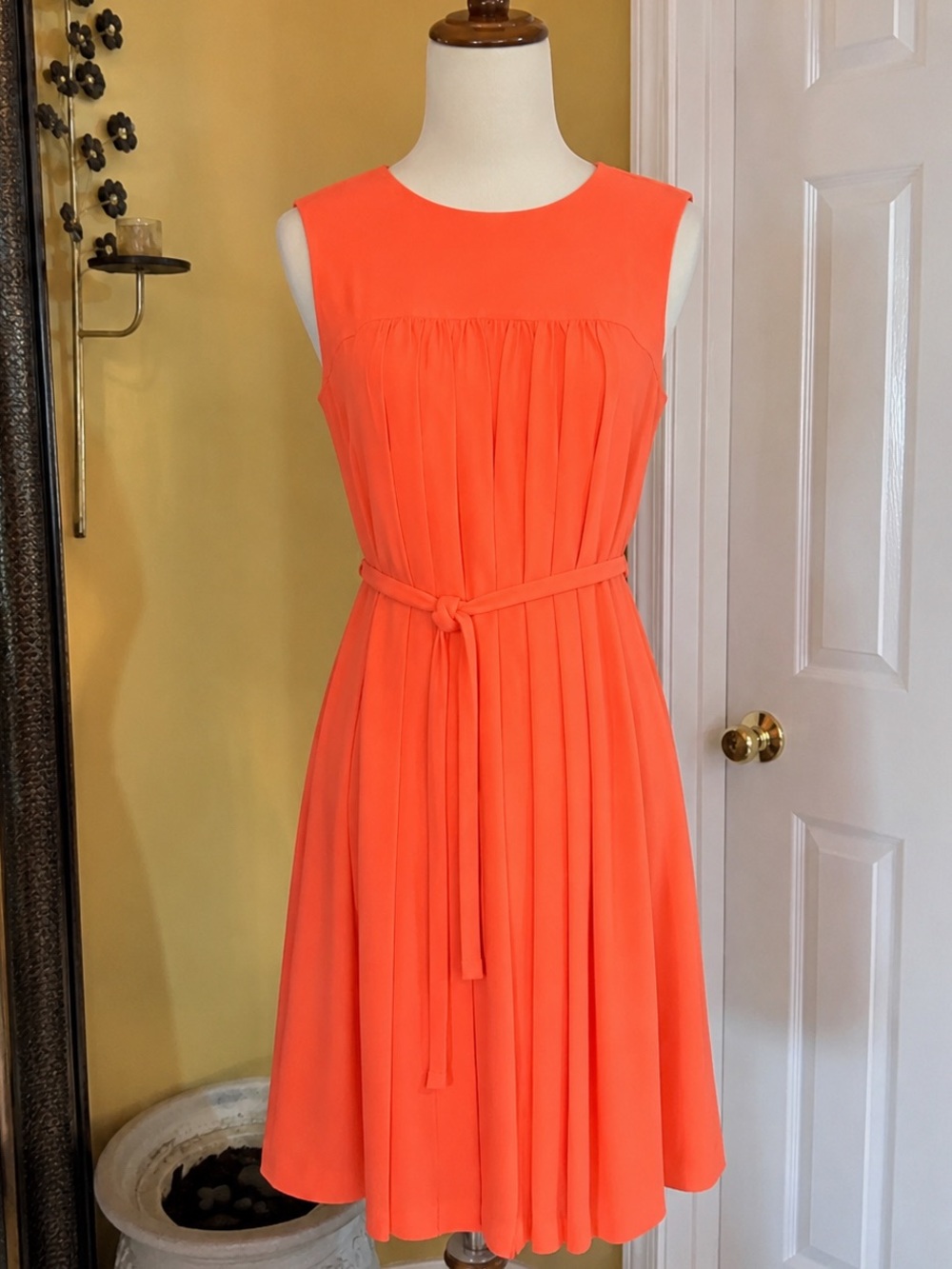 LOFT Petit Coral-Orange Sleeveless Pleated Midi Dress with Tie Belt